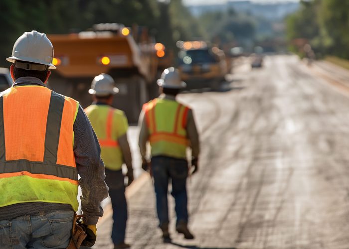 Road construction workers and machinery on a dirt road with room for text.